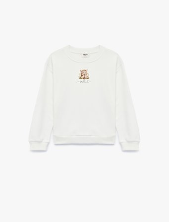 Kedi Baskılı Bisiklet Yaka Uzun Kollu Şardonlu Pamuklu Sweatshirt