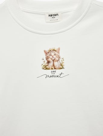 Kedi Baskılı Bisiklet Yaka Uzun Kollu Şardonlu Pamuklu Sweatshirt