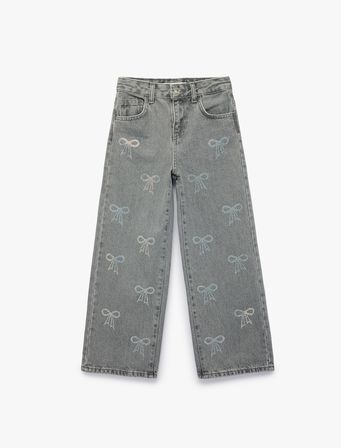 Fiyonk Nakış Detaylı Pamuklu Geniş Paça Denim Pantolon