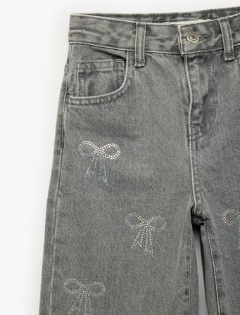 Fiyonk Nakış Detaylı Pamuklu Geniş Paça Denim Pantolon