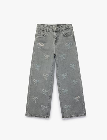 Fiyonk Nakış Detaylı Pamuklu Geniş Paça Denim Pantolon