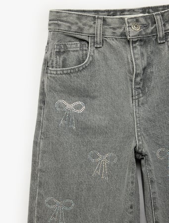 Fiyonk Nakış Detaylı Pamuklu Geniş Paça Denim Pantolon