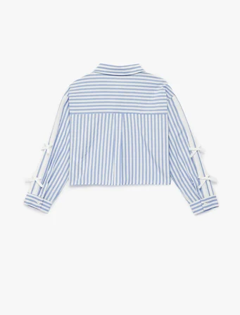 Fiyonklu Klasik Yaka Uzun Kollu Rahat Kesim Poplin Çizgili Crop Gömlek