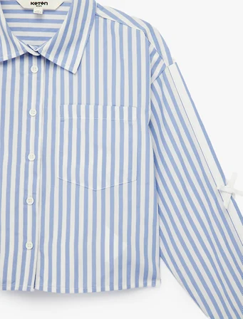 Fiyonklu Klasik Yaka Uzun Kollu Rahat Kesim Poplin Çizgili Crop Gömlek