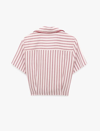 Koton X Melis Ağazat - Kısa Kollu Önden Bağlamalı Taş İşlemeli Çizgili Crop Gömlek