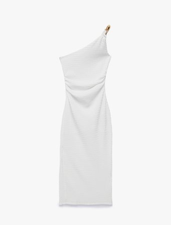 Koton X Sibil Çetinkaya - Bürümcük Kumaş Asimetrik Yaka Aksesuarlı Tek Omuz Bodycon Elbise