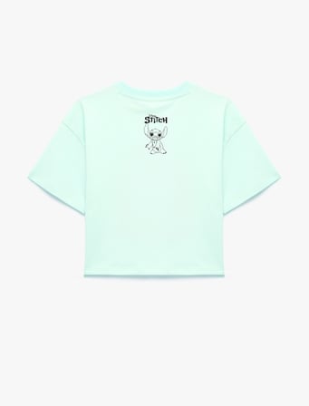 Lisanslı Stitch Baskılı Simli Bisiklet Yaka Kısa Kollu Pamuklu Tişört
