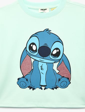 Lisanslı Stitch Baskılı Simli Bisiklet Yaka Kısa Kollu Pamuklu Tişört
