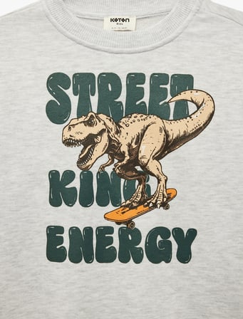 Uzun Kollu Bisiklet Yaka Dinozor Baskılı Sweatshirt