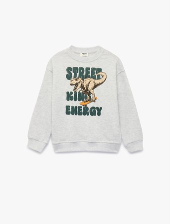 Uzun Kollu Bisiklet Yaka Dinozor Baskılı Sweatshirt