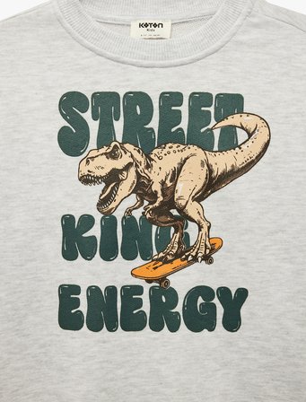 Uzun Kollu Bisiklet Yaka Dinozor Baskılı Sweatshirt