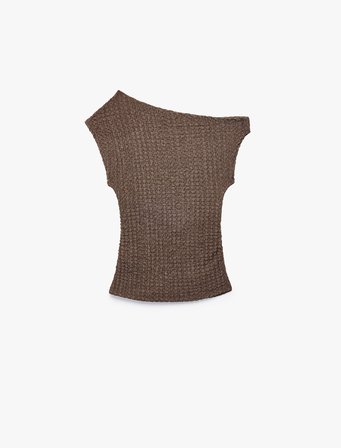 Asimetrik Yaka Büzgü Detaylı Slim Fit Kolsuz Bluz