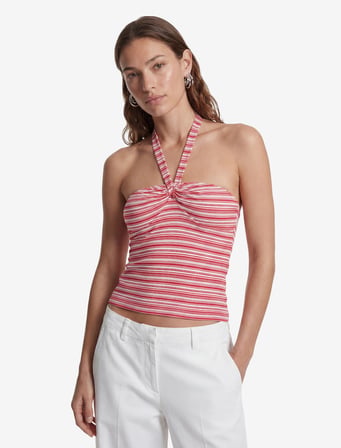 Koton X Sibil Çetinkaya - Viskon Kumaş Slim Fit Çizgili Halter Yaka Top