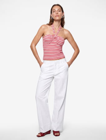 Koton X Sibil Çetinkaya - Viskon Kumaş Slim Fit Çizgili Halter Yaka Top