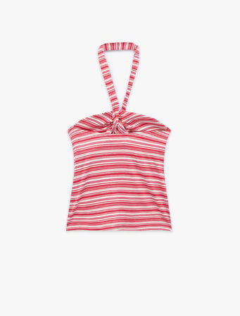 Koton X Sibil Çetinkaya - Viskon Kumaş Slim Fit Çizgili Halter Yaka Top