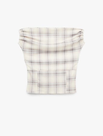 Slim Fit Kolsuz Drapeli Ekoseli Asimetrik Yaka Bluz
