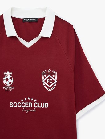 Pamuklu Baskılı Renk Kontrastlı Kısa Kollu Polo Yaka Tişört