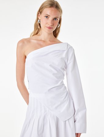 Pamuklu Uzun Kollu Drape Detaylı Poplin Açık Omuz Asimetrik Bluz