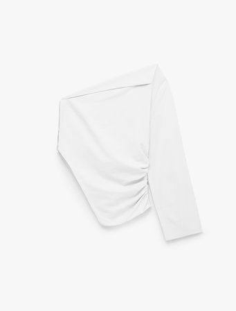 Pamuklu Uzun Kollu Drape Detaylı Poplin Açık Omuz Asimetrik Bluz