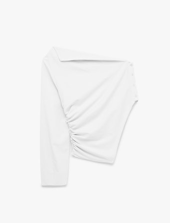 Pamuklu Uzun Kollu Drape Detaylı Poplin Açık Omuz Asimetrik Bluz