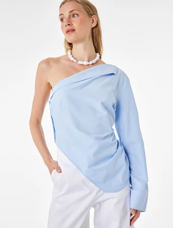 Pamuklu Uzun Kollu Drape Detaylı Poplin Açık Omuz Asimetrik Bluz