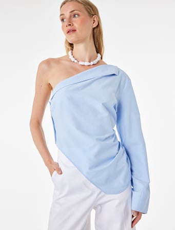 Pamuklu Uzun Kollu Drape Detaylı Poplin Açık Omuz Asimetrik Bluz