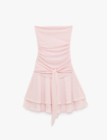 Slim Fit Drape Detaylı Bağlamalı Kat Kat Volümlü Fırfırlı Straplez Mini Tül Elbise