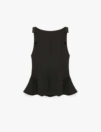 Krep Scuba Kumaş Fiyonk Detaylı Kayık Yaka Kolsuz Peplum Bluz