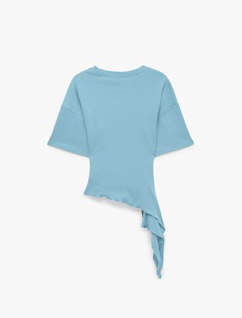 Pamuklu Slim Fit Kısa Kollu Fırfırlı Drapeli Asimetrik Kesim Tişört