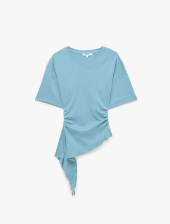 Pamuklu Slim Fit Kısa Kollu Fırfırlı Drapeli Asimetrik Kesim Tişört