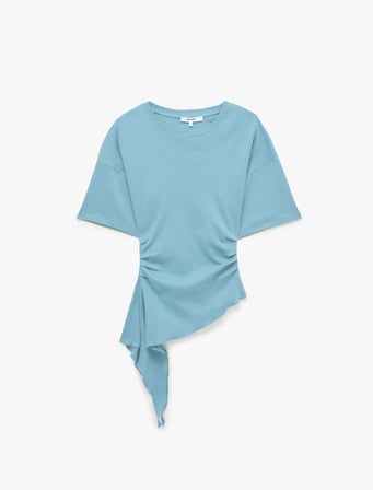 Pamuklu Slim Fit Kısa Kollu Fırfırlı Drapeli Asimetrik Kesim Tişört