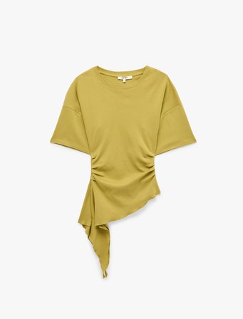 Pamuklu Slim Fit Kısa Kollu Fırfırlı Drapeli Asimetrik Kesim Tişört