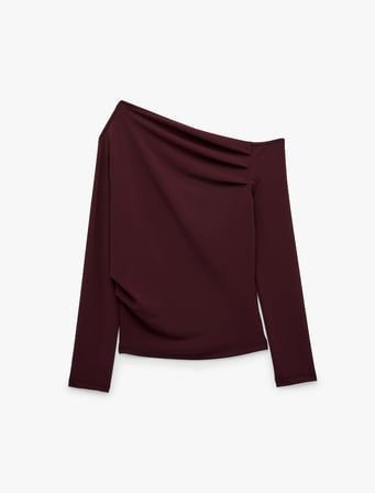 Slim Fit Drapeli Asimetrik Kesim Uzun Kollu Tek Omuz Tişört
