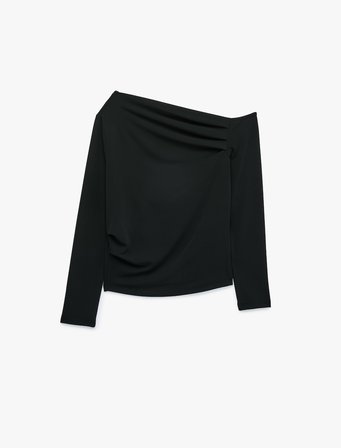 Slim Fit Drapeli Asimetrik Kesim Uzun Kollu Tek Omuz Tişört