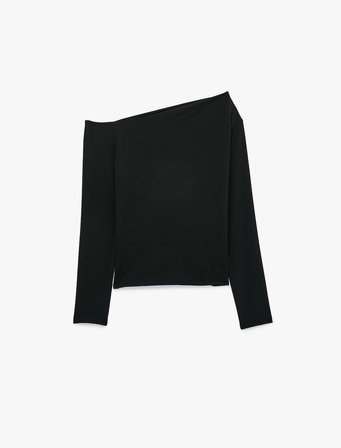 Slim Fit Drapeli Asimetrik Kesim Uzun Kollu Tek Omuz Tişört