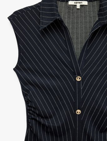 Slim Fit Kolsuz Midi Boy Süslü Düğmeli Kolsuz Çizgili Gömlek Elbise