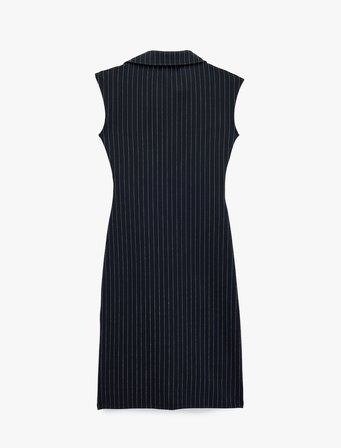 Slim Fit Kolsuz Midi Boy Süslü Düğmeli Kolsuz Çizgili Gömlek Elbise