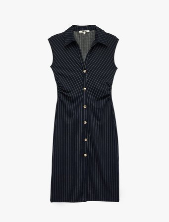 Slim Fit Kolsuz Midi Boy Süslü Düğmeli Kolsuz Çizgili Gömlek Elbise