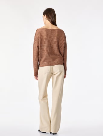 File Dokulu Uzun Kollu Kayık Yaka Oversize Bluz