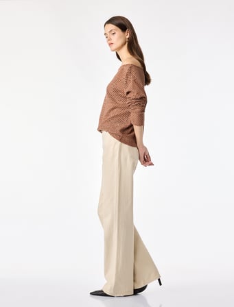 File Dokulu Uzun Kollu Kayık Yaka Oversize Bluz