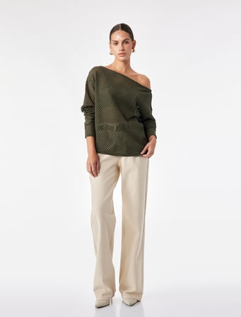 File Dokulu Uzun Kollu Kayık Yaka Oversize Bluz