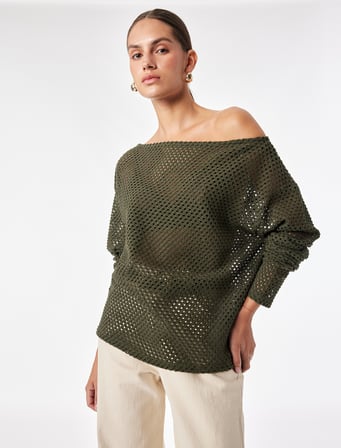 File Dokulu Uzun Kollu Kayık Yaka Oversize Bluz