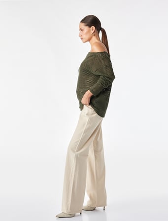 File Dokulu Uzun Kollu Kayık Yaka Oversize Bluz