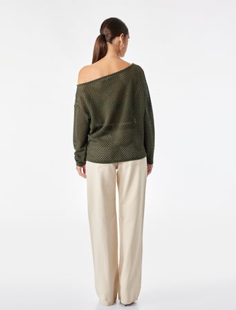 File Dokulu Uzun Kollu Kayık Yaka Oversize Bluz