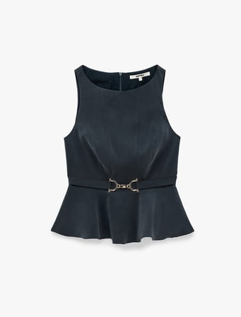 Viskon Cupro Kumaş Yuvarlak Yaka Aksesuar Detaylı Kemerli Peplum Kolsuz Bluz