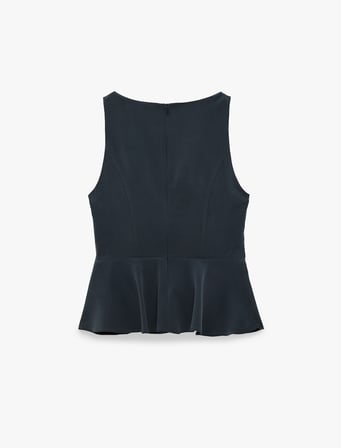 Viskon Cupro Kumaş Yuvarlak Yaka Aksesuar Detaylı Kemerli Peplum Kolsuz Bluz