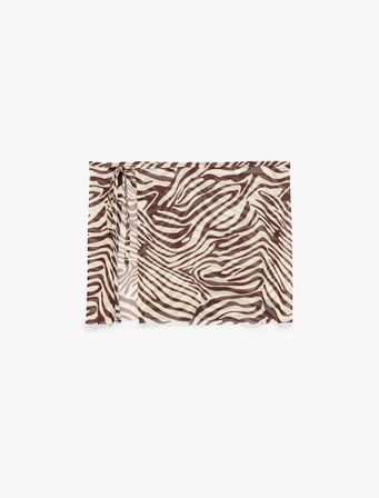Bağlamalı Kruvaze Zebra Desenli Transparan Tül Pareo Mini Etek