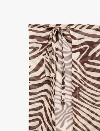 Bağlamalı Kruvaze Zebra Desenli Transparan Tül Pareo Mini Etek