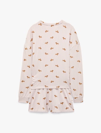 Köpek Baskılı Rahat Kesim Uzun Kollu Şortlu Çizgili Pijama Takımı
