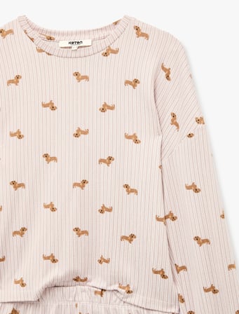 Köpek Baskılı Rahat Kesim Uzun Kollu Şortlu Çizgili Pijama Takımı